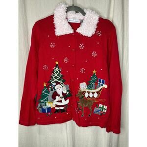 1990s Victoria Jones Red Gold Sparkle Christmas Santa Collared Winter Cardigan M